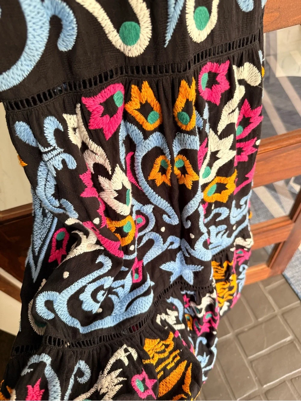 Anthropologie Black Multicolor Embroidered Spaghetti-Strap Maxi Dress w/ pockets - Picture 6 of 8